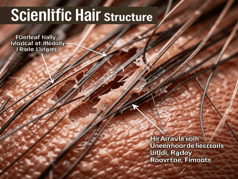 Damaged hair cuticle showing lifted outer layer structure