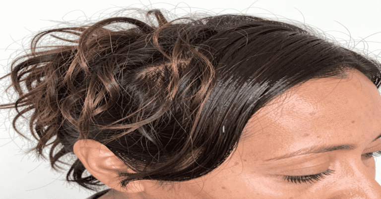 Top layer hair repair showing before and after frizzy and smooth shiny hair