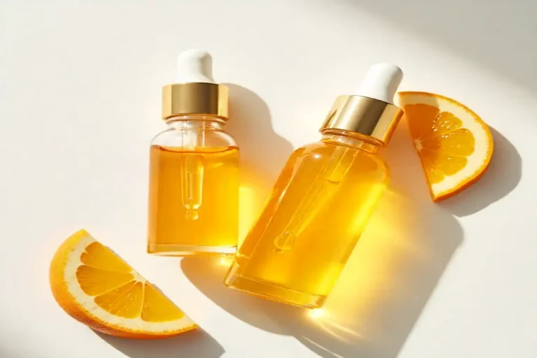 Dermatologist-approved best vitamin C serums for face, dark spots, and acne in glass dropper bottles with bright orange serum, displayed on a minimalist background with citrus accents.