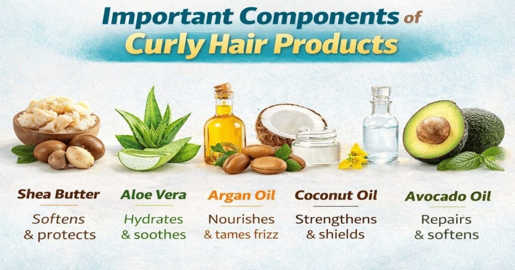 Important components of curly hair products infographic showing key ingredients like shea butter, aloe vera, argan oil, coconut oil, and avocado oil with their benefits for healthy, hydrated, and frizz-free curls.