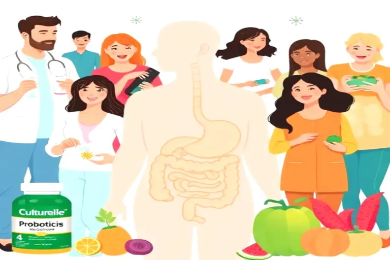Illustration showing healthy digestive habits with probiotics, fiber-rich foods, hydration, exercise, and mindfulness, representing Digestive Health Partners’ guidance.