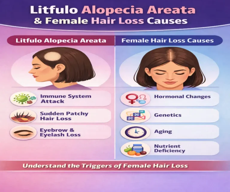 Infographic comparing Litfulo Alopecia Areata and Female Pattern Hair Loss causes in women, showing patchy hair loss, autoimmune attack, eyebrow/eyelash loss, hormonal changes, genetics, aging, and nutrient deficiencies.