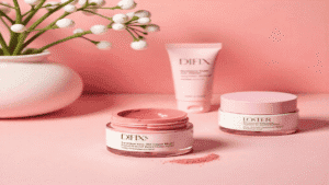 Vanity table displaying premium blushes in cream, gel-cream, and liquid formulas alongside moisturizer and hydrating primer, soft pastel tones, lifestyle beauty setup for mature skin