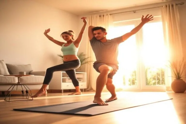 Morning workout routine at home in early sunrise for energy and weight loss