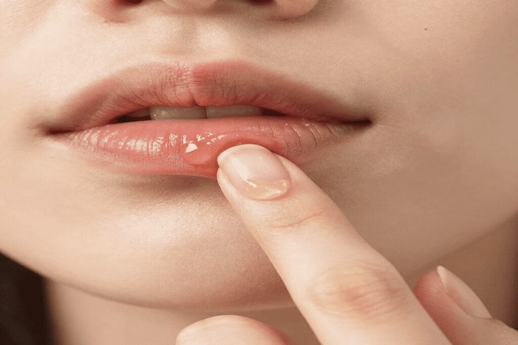 Using fresh aloe vera gel on cold sores on lips as a natural home remedy