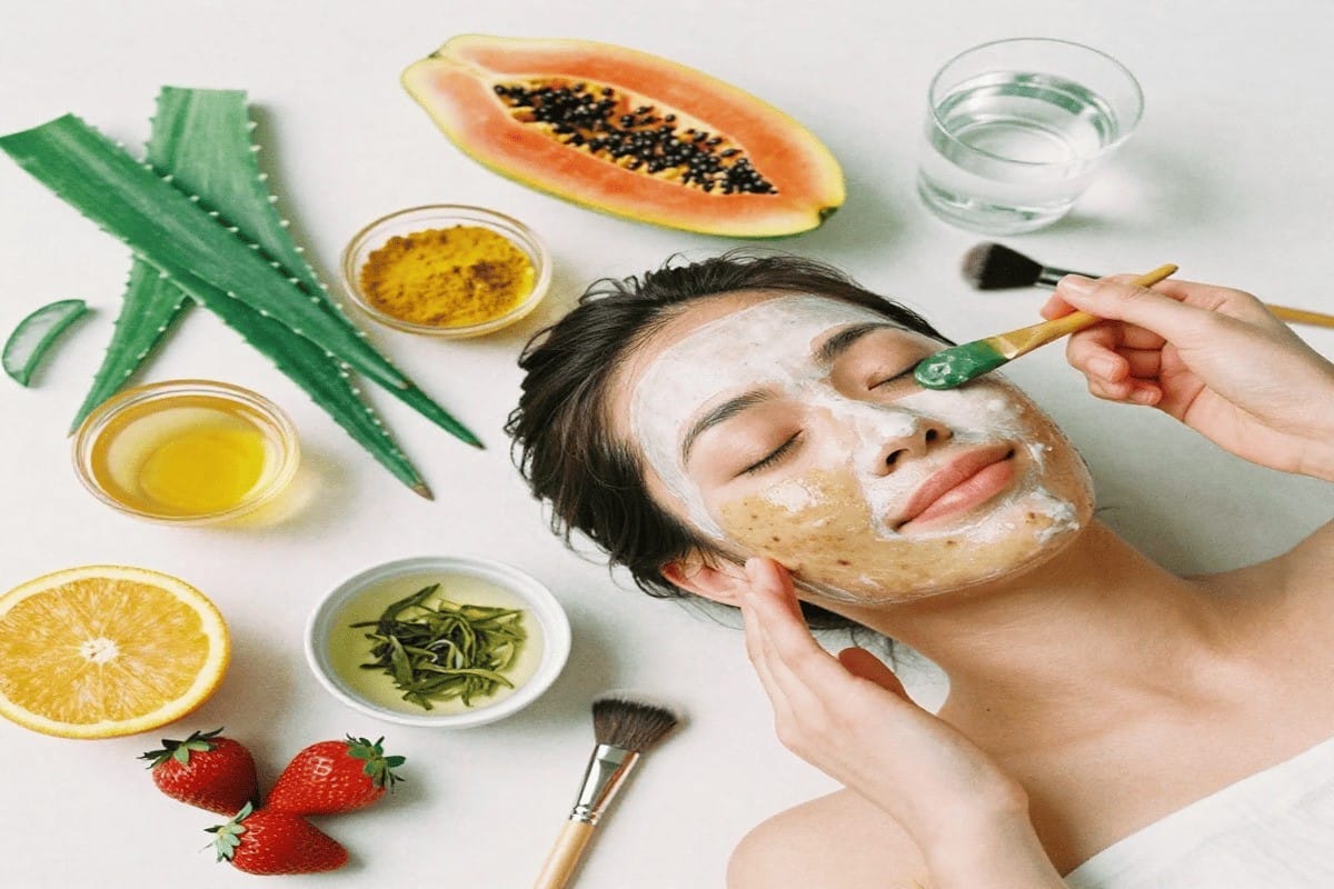 Woman applying natural face mask with aloe vera, turmeric, papaya, honey, and vitamin C fruits to remove dark spots naturally – USA skincare guide for glowing skin