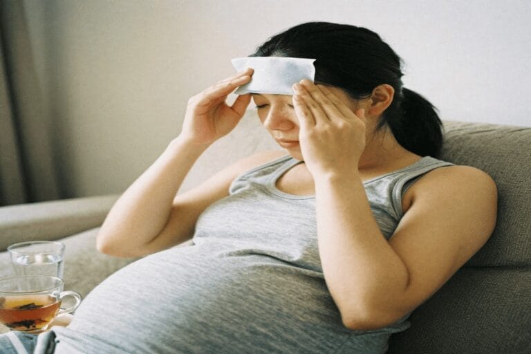 Home remedies for fever during pregnancy: Pregnant woman using a cool compress and herbal tea for safe relief.
