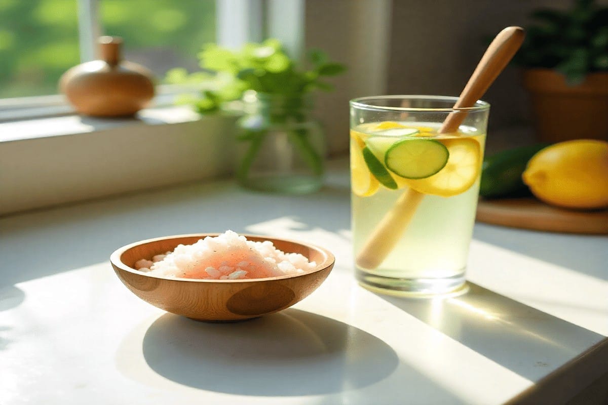Pink Himalayan salt in a bowl with detox water, fresh vegetables, and lemon for pink salt weight loss recipes