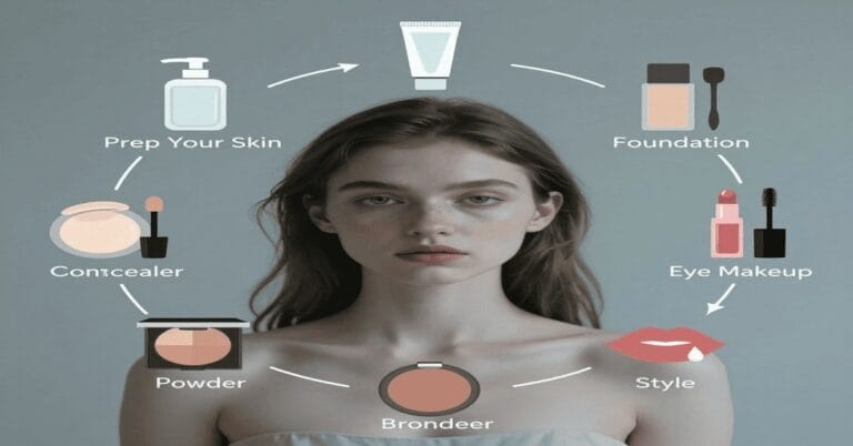 How to apply makeup step by step for beginners, showing face prep, primer, foundation, concealer, eye makeup, blush, and lipstick guide