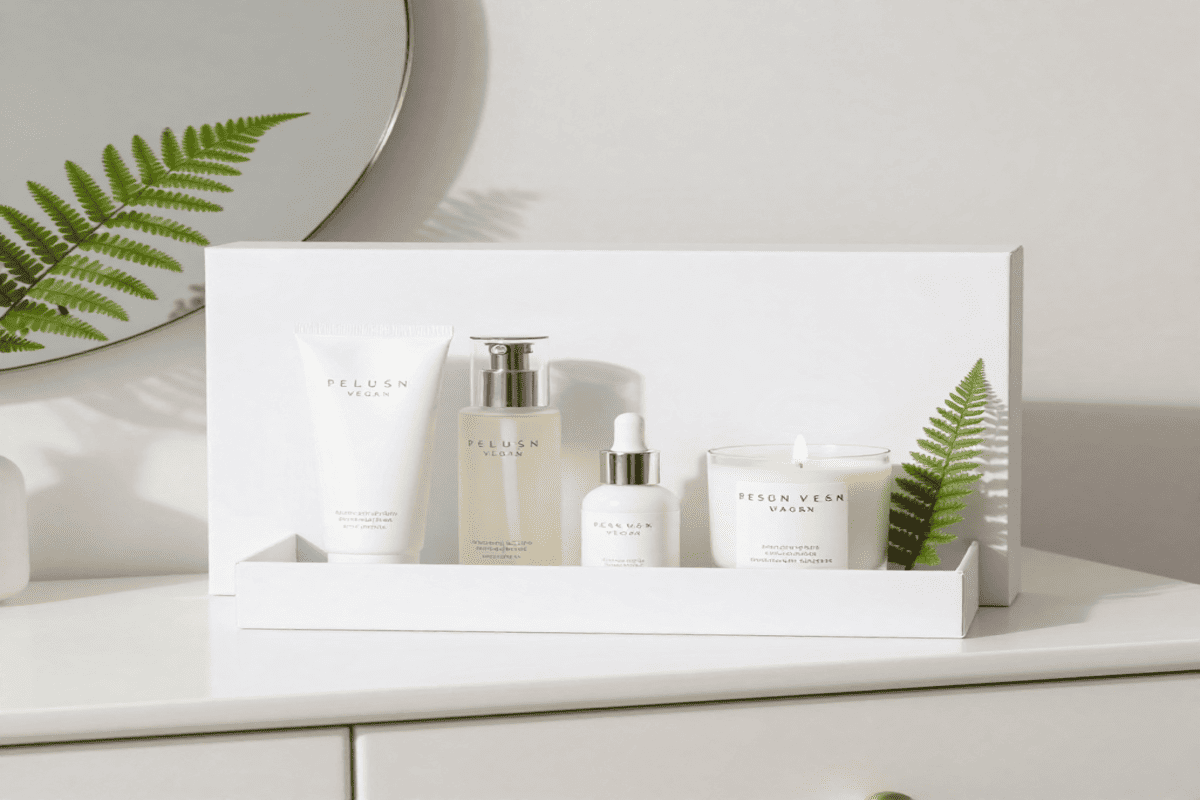 Luxury vegan skincare gift set displayed on a vanity with plants and candles