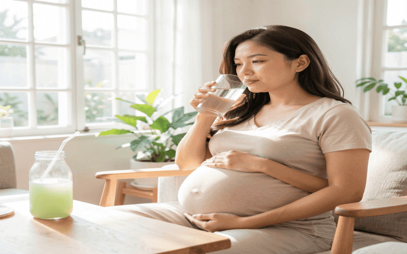 Pregnant woman staying hydrated during fever
