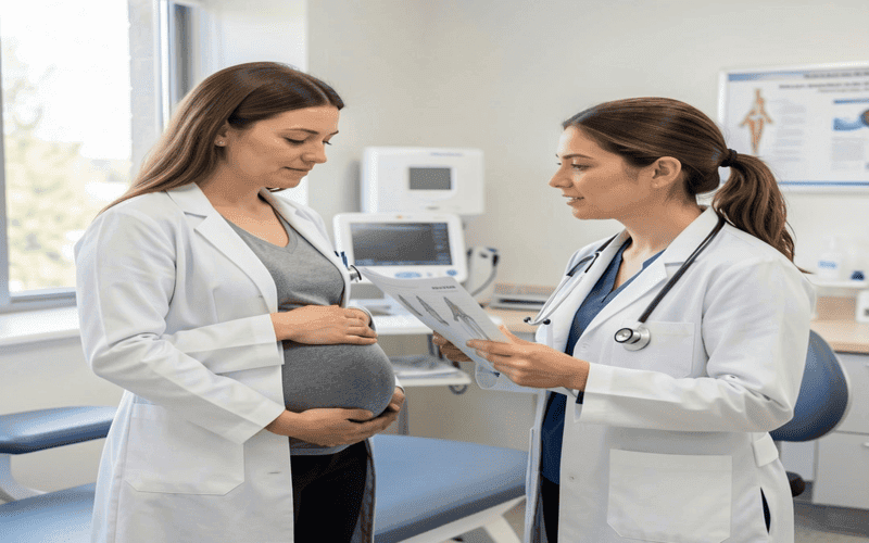 Pregnant woman consulting doctor for high fever
