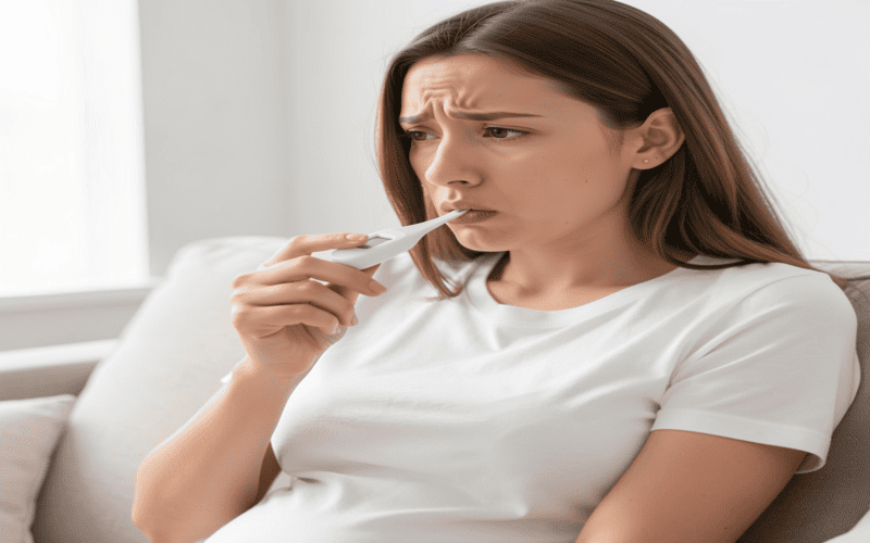 Pregnant woman checking fever temperature with thermometer