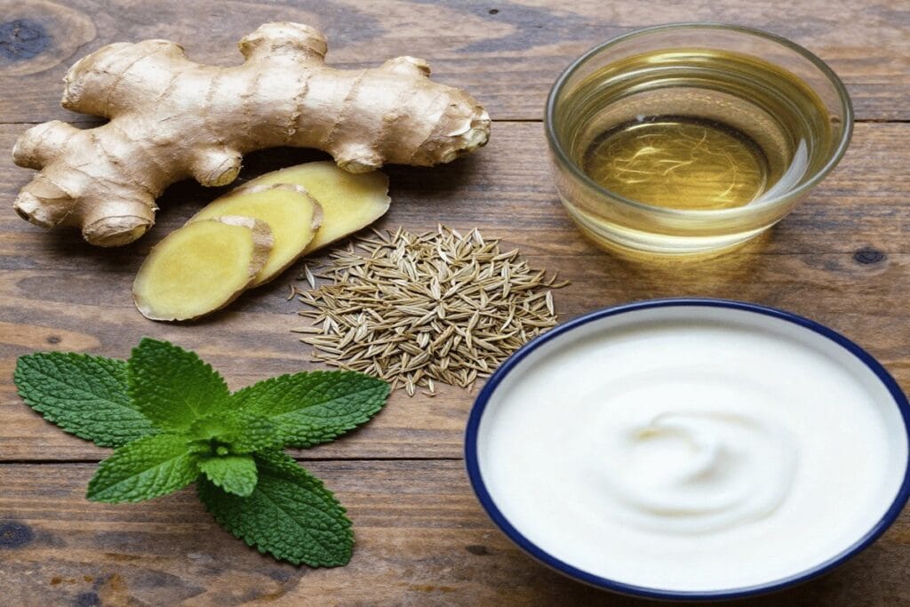 Natural remedies for stomach bloating like ginger, fennel seeds