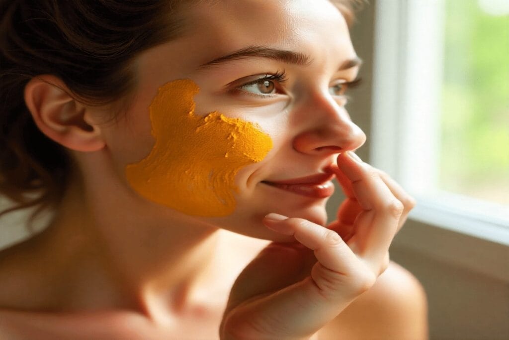 Turmeric paste applied to itchy skin to reduce inflammation and irritation