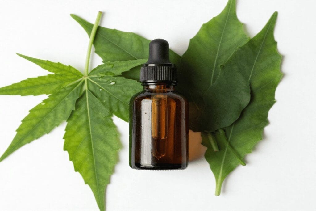 Neem leaves and neem oil applied to itchy skin for natural relief