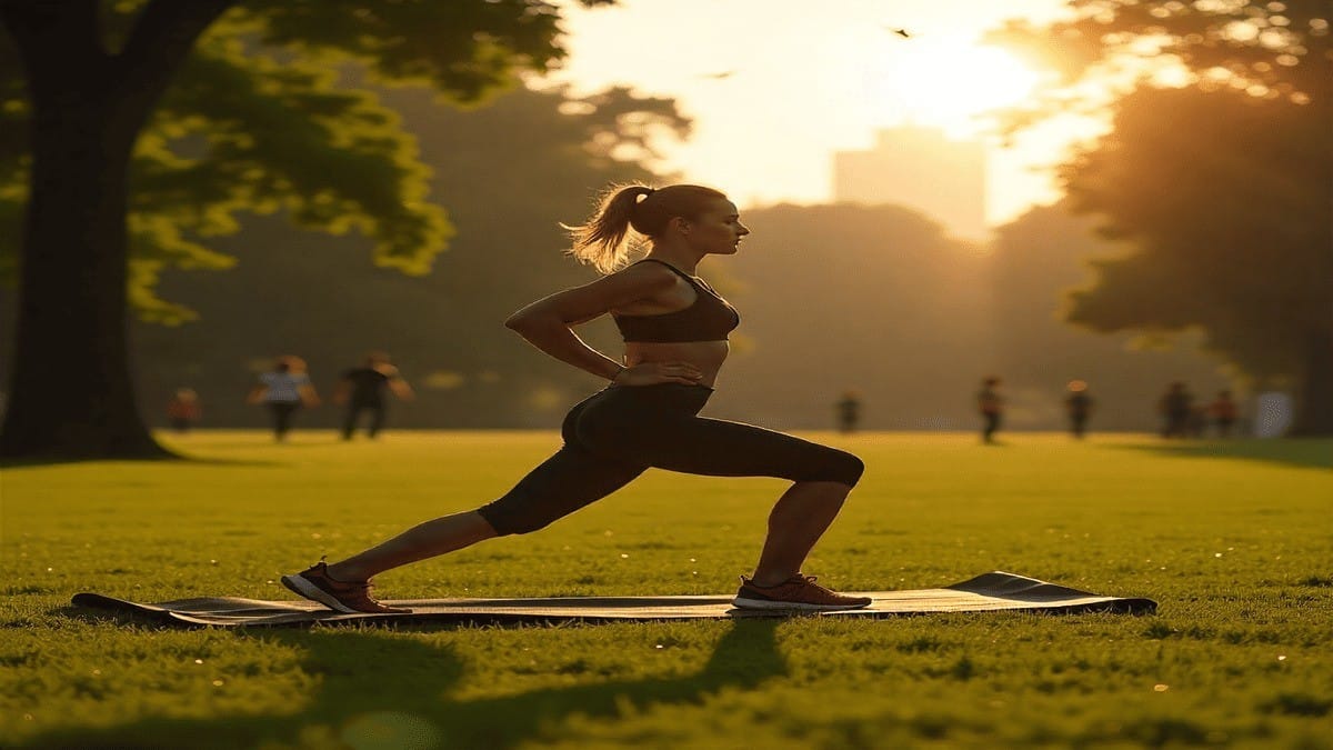 Morning Workout Routine: person exercising in a peaceful park with sunlight and fresh greenery