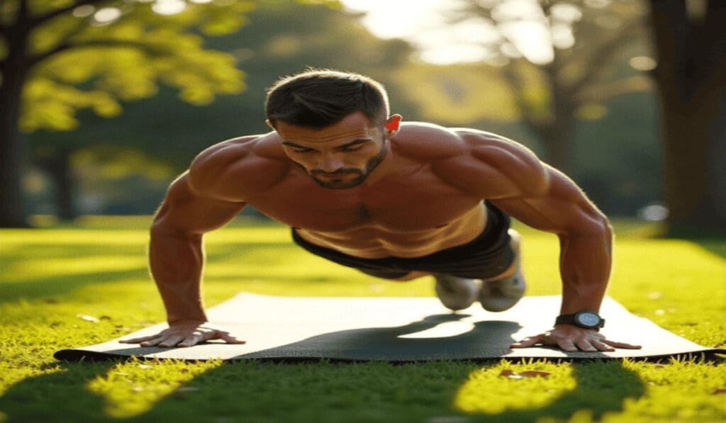 Advanced Morning Workout Routine for Men: fit man doing push-ups and dynamic stretches in a sunlit outdoor park, muscles visible, focused and energetic