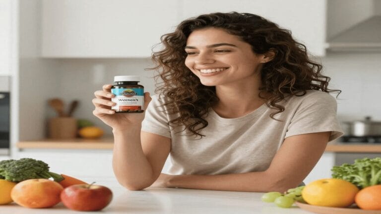 Healthy woman holding Garden of Life probiotics with fresh fruits and vegetables, representing women’s digestive, immune, and vaginal health
