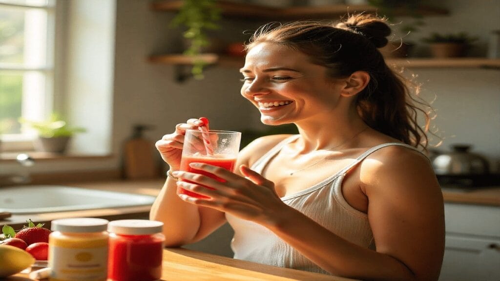Woman drinking a smoothie in a kitchen, promoting digestive health and probiotics for women.