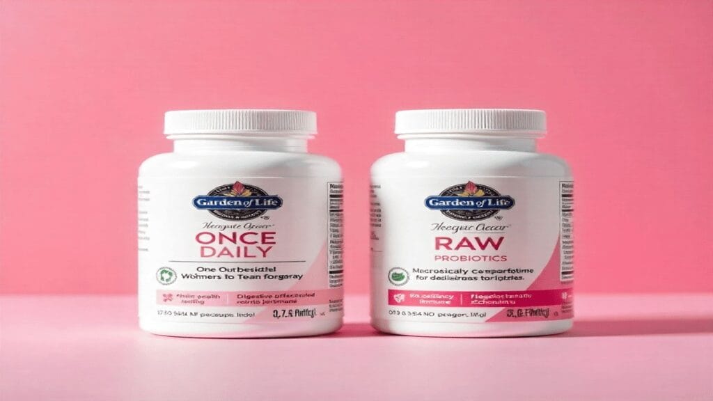 Garden of Life Once Daily and Raw Probiotics women’s formulas, showing targeted health benefits.