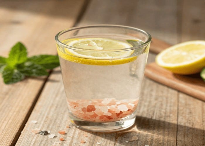 Detox water with pink Himalayan salt, lemon, and cucumber for weight loss.