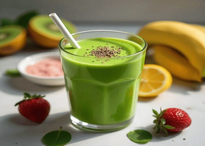 Green smoothie with pink Himalayan salt and chia seeds for hydration and weight loss.