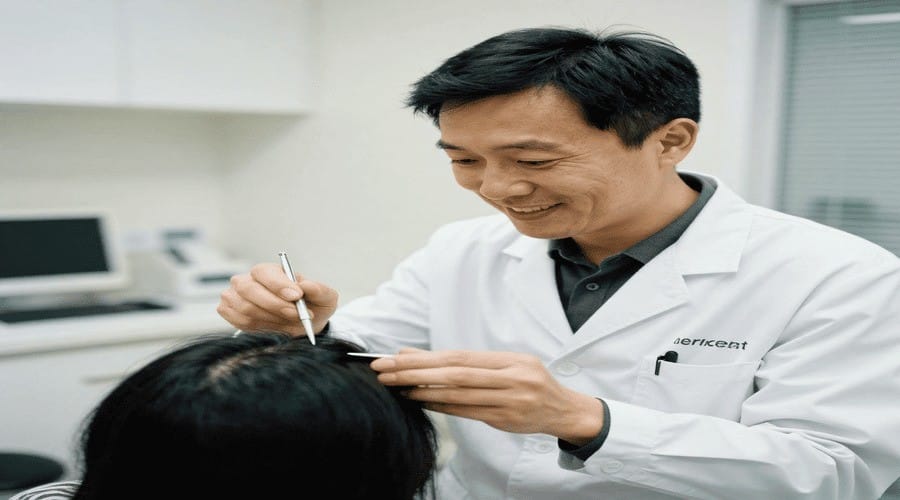 Dermatologist examining scalp for hair loss diagnosis