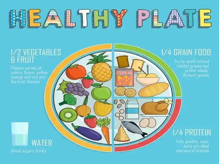 A balanced nutrition plate showing portion sizes for Health and Nutrition Tips 2026, including proteins, whole grains, and vegetables.