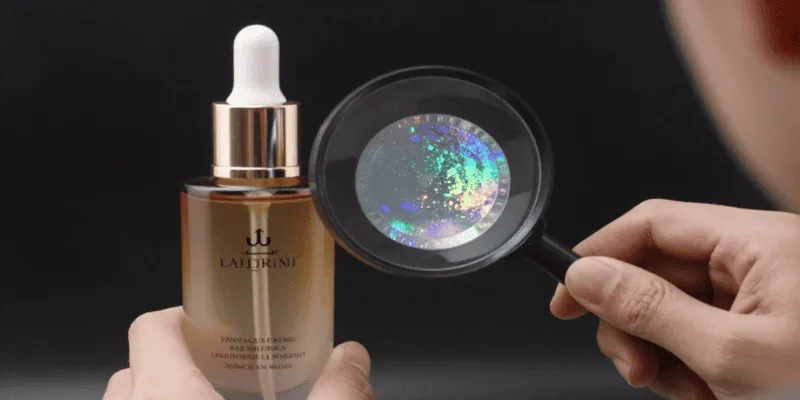 Buy Authentic Medical Skincare A magnifying glass over a skincare bottle symbolizing authenticity and professional verification.