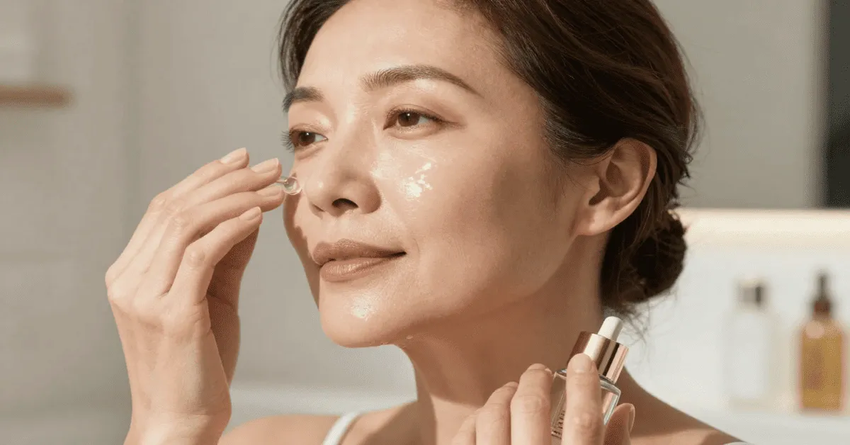 Best peptide serum for aging skin applied by mature woman in 2026 skincare routine