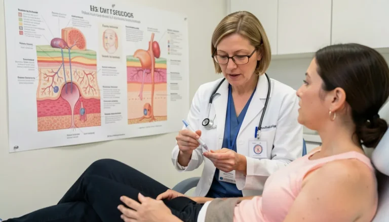 Dermatologist explaining Skin Biopsy Procedure to patient with skin layer chart