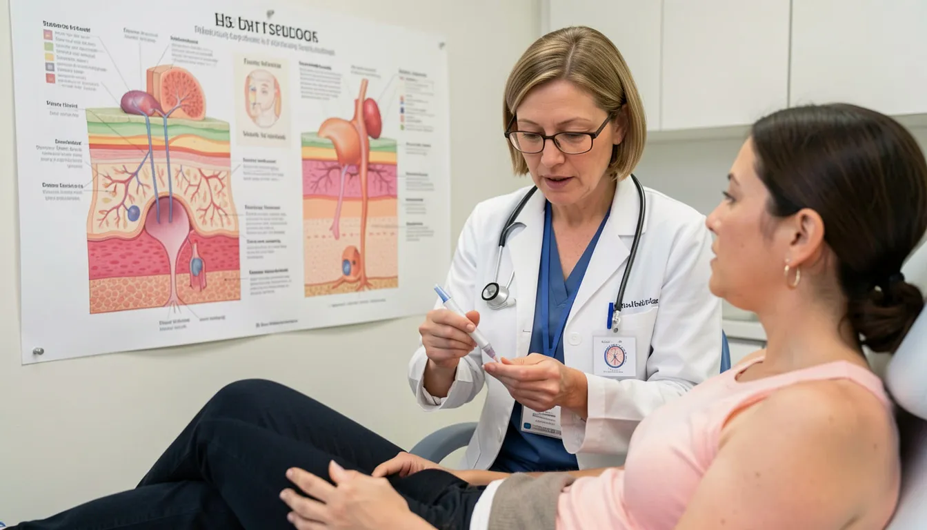 Dermatologist explaining Skin Biopsy Procedure to patient with skin layer chart