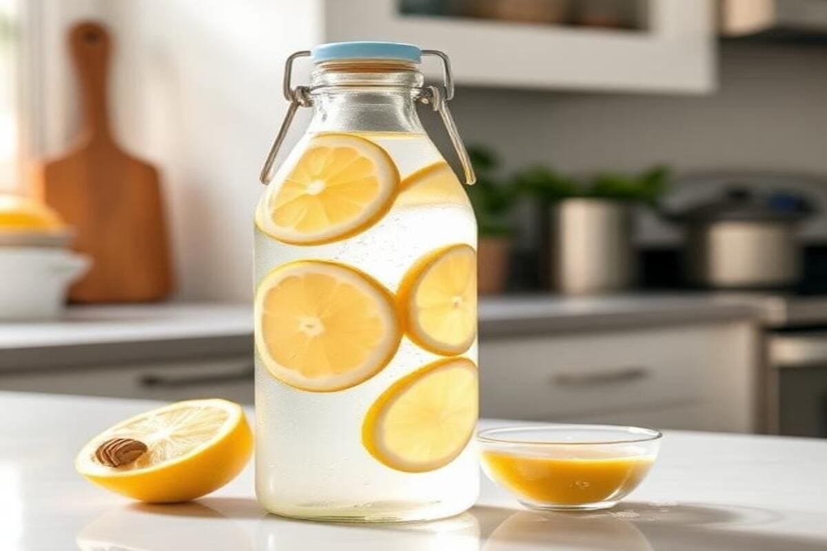 DIY Electrolyte Drink Recipe USA n a glass bottle with lemon slices and honey on a kitchen counter