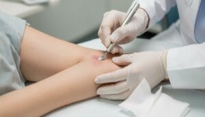 Dermatologist performing a shave biopsy on patient’s arm