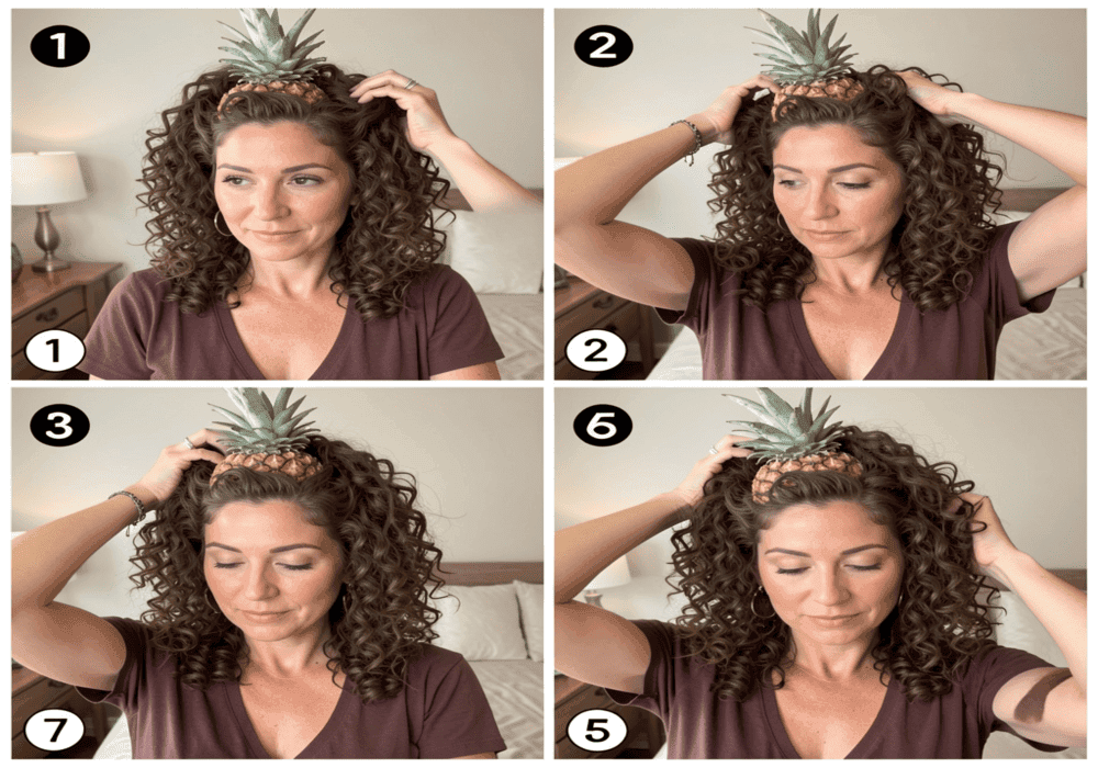 Woman demonstrating pineapple method hairstyle before wearing silk bonnet at night