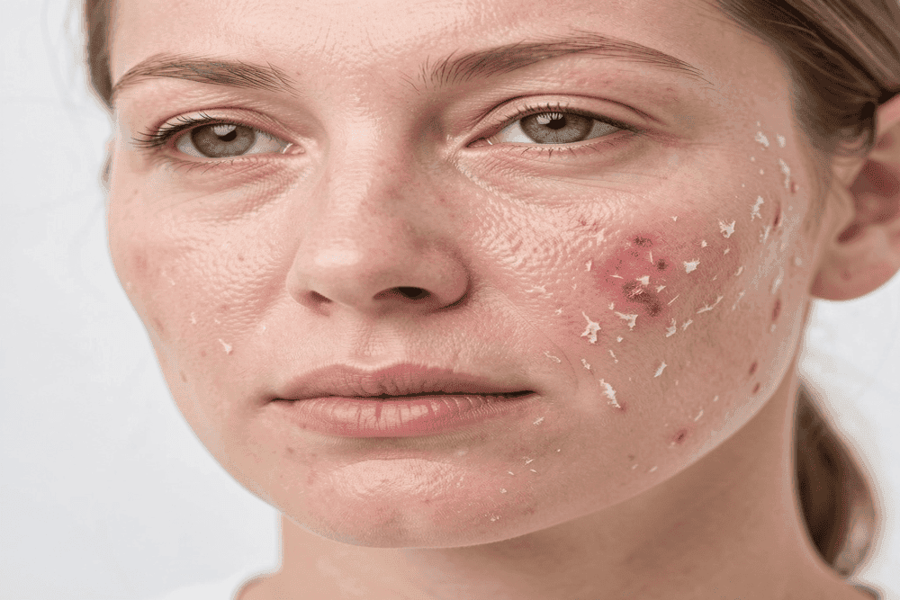 Signs of damaged skin barrier including redness, dryness, and irritation