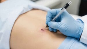 Marking skin lesion before biopsy with surgical pen
