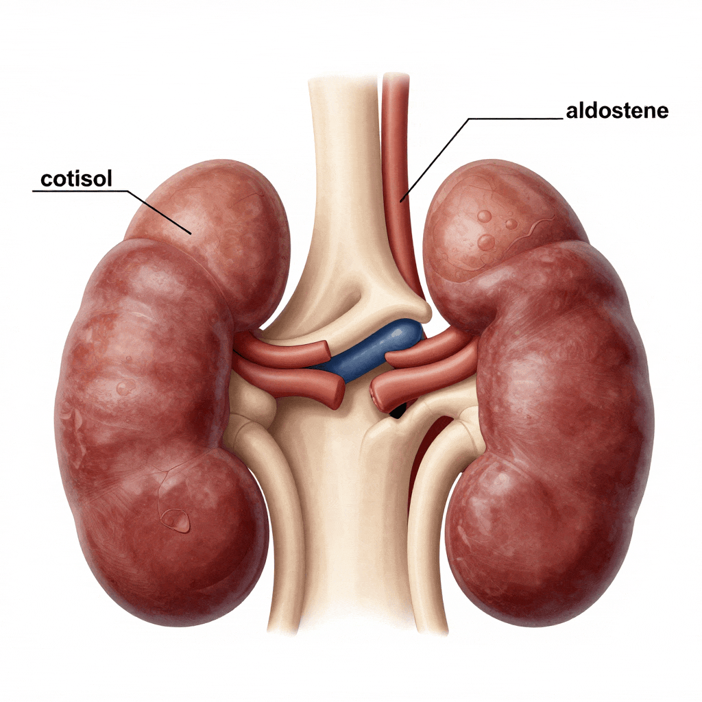 Anatomy of adrenal glands showing cortisol and hormone production
