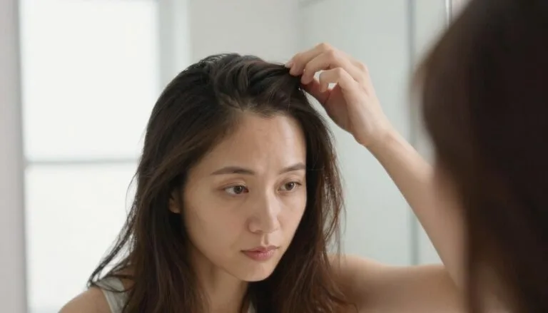 Woman checking crown thinning related to PCOS hair loss treatment USA