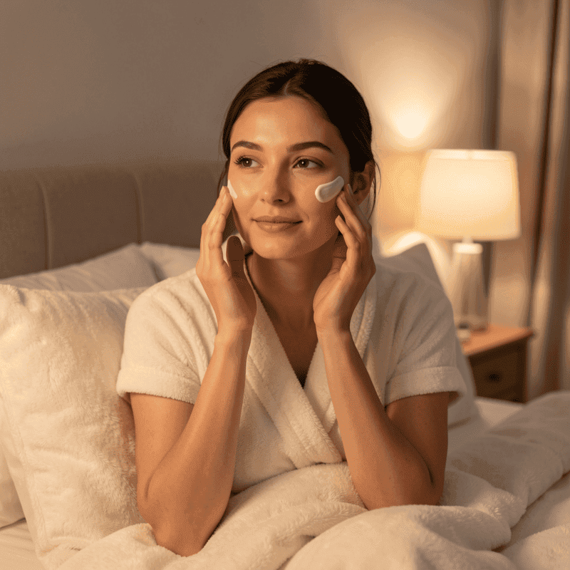 Woman applying night cream before bed to support skin repair