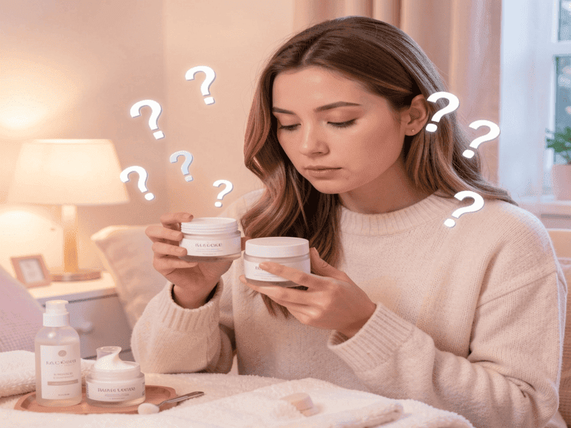 Woman considering which night cream to use, representing common skincare questions