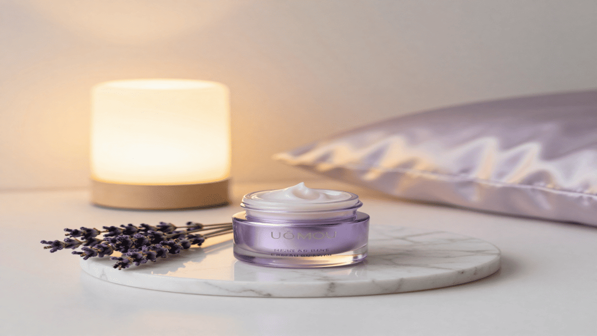 Night cream jar on bedside table with soft glowing light, representing nighttime skincare routine