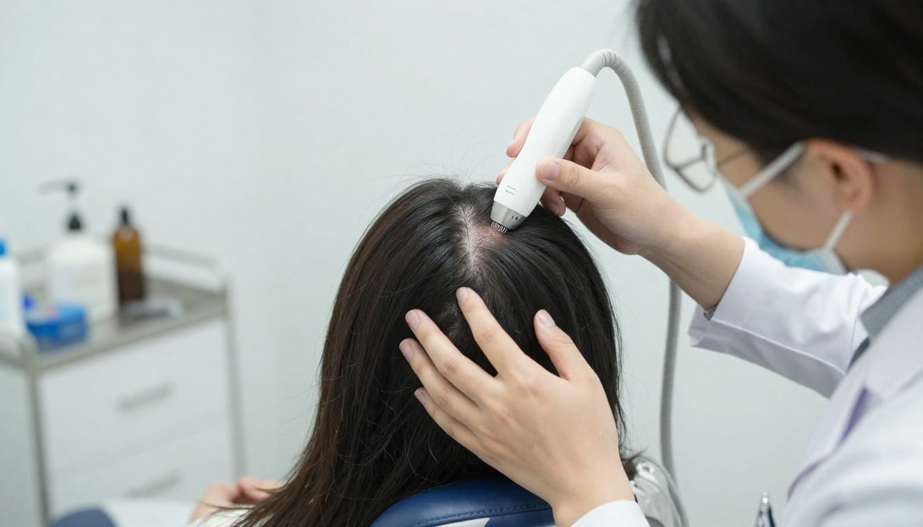 Woman consulting doctor for PCOS hair loss treatment USA