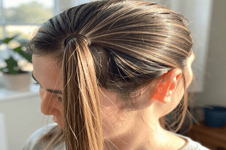 Widened part line and thin ponytail showing early hair thinning