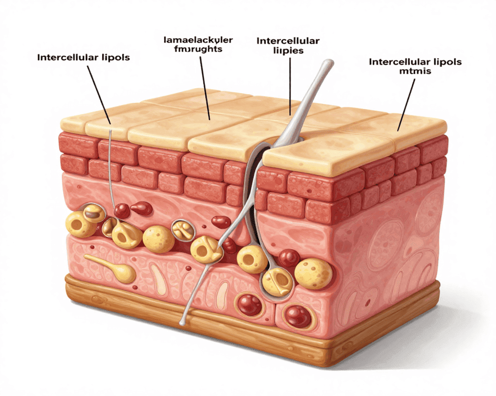 Skin barrier structure diagram showing corneocytes and lipids