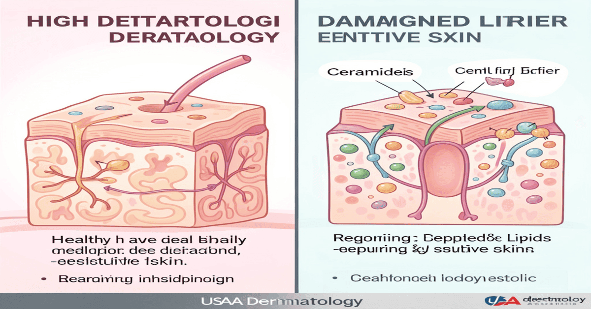 Skin barrier repair illustration for sensitive skin showing ceramides and lipids