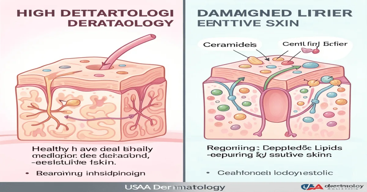 Skin barrier repair illustration for sensitive skin showing ceramides and lipids