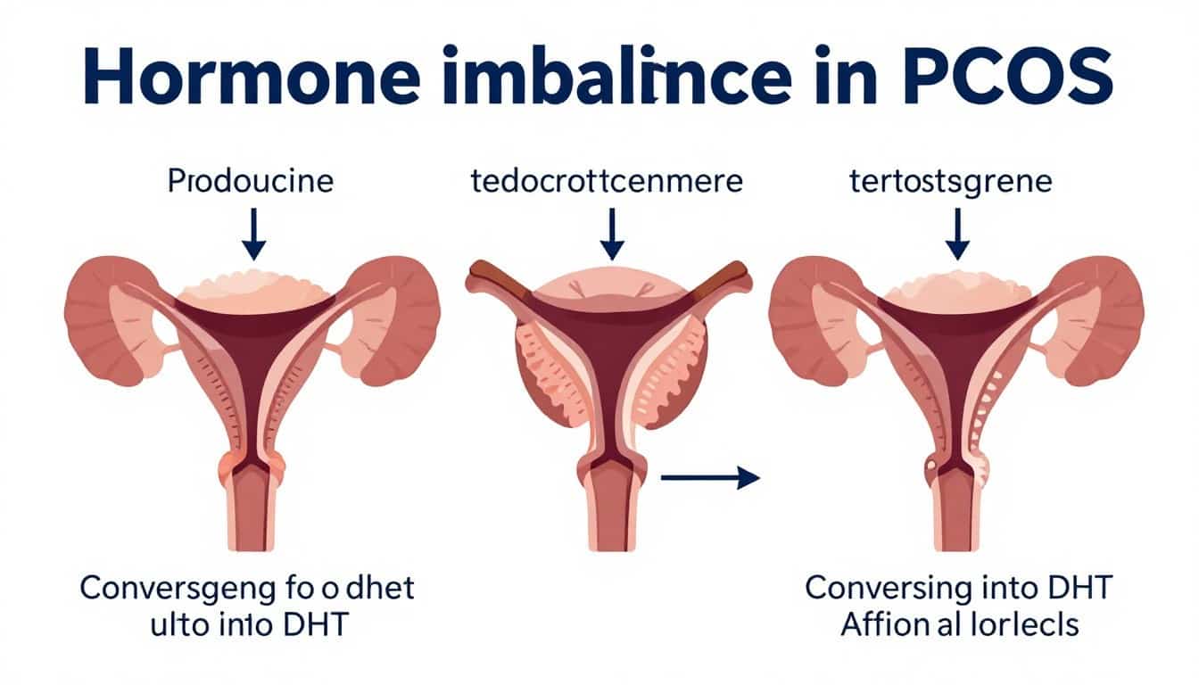 Diagram showing how excess testosterone converts to DHT causing female pattern hair loss in PCOS