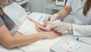 Preparing skin for biopsy with cleaning, antiseptic, and local anesthesia